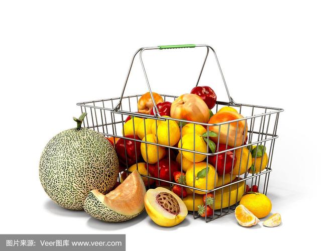 杂货篮与水果概念新鲜食品销售3d渲染图像上的白色